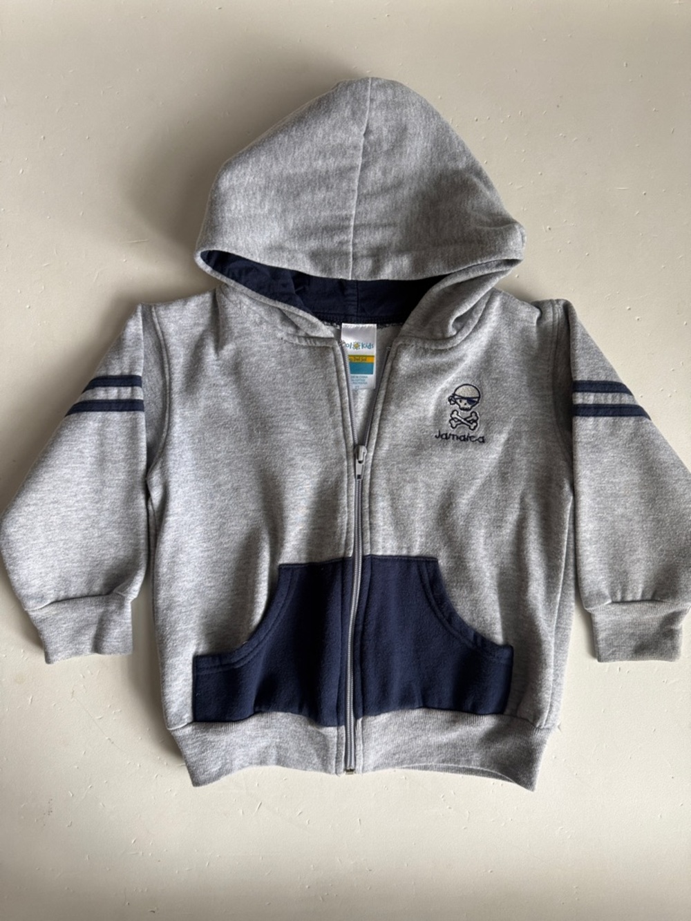 Sol Kids Grey Zip-Front Hoodie w/ Navy Accents Skull & Crossbones Jamaica 2T